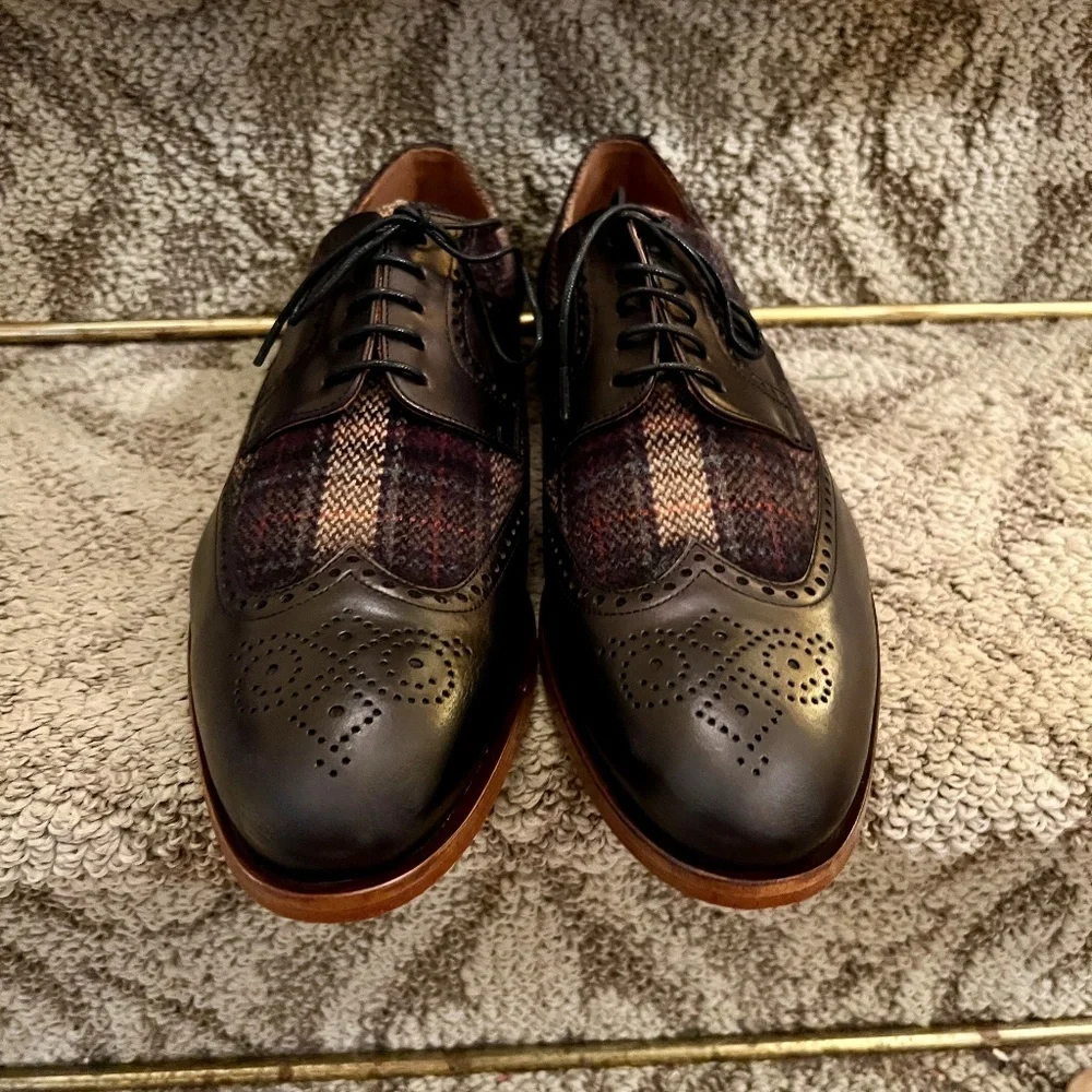 Taft Wallace Lace Up Brogue Wingtip Oxford Shoes Black & Brown Plaid Sz 46 or 13